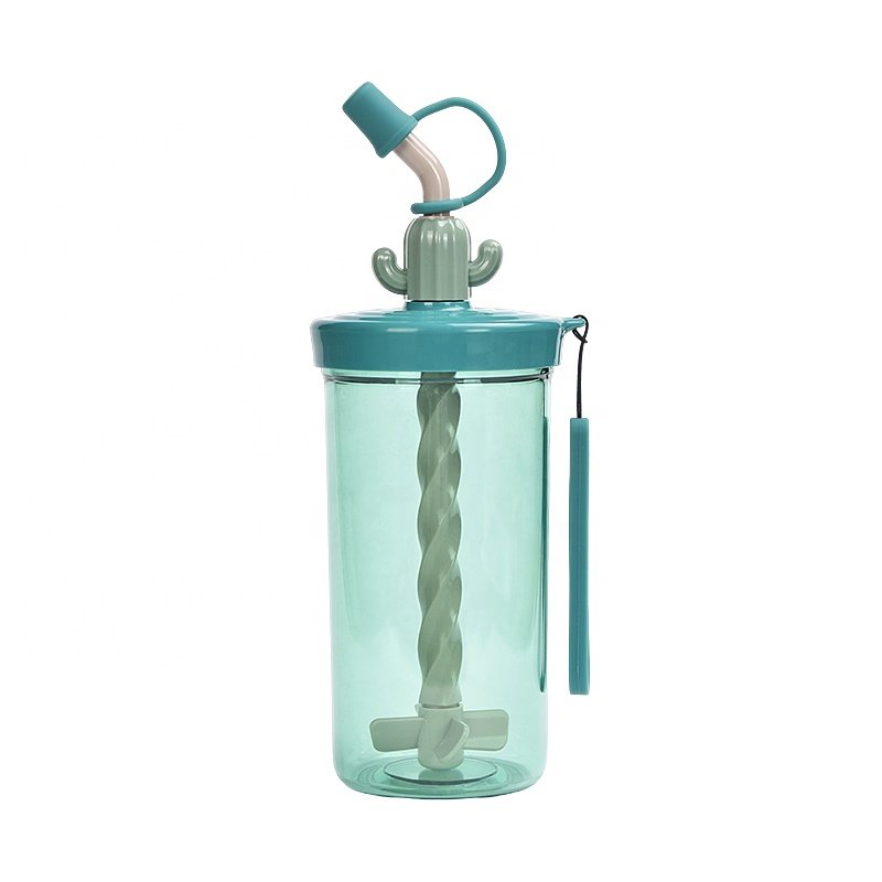 Cartoon Stirring Kids Water Bottles Plastic Kettle Straw Bar Shake Cup Fruit with Juice Mix Portable Stir