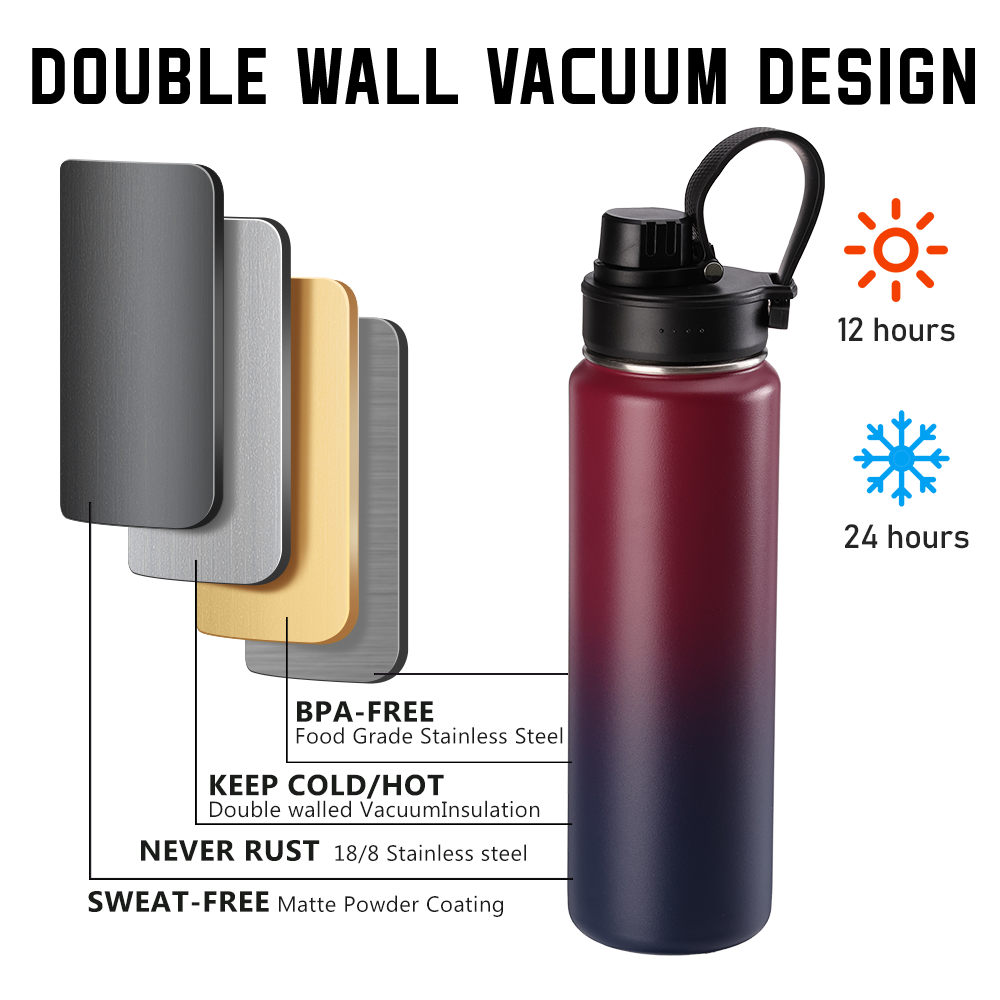 Custom logo powder coated 32oz Insulated vacuum flask thermal double wall stainless steel gym sport water bottle