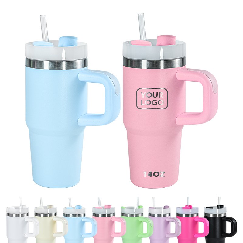 Custom logo 14 oz Stainless Steel Double Wall Vacuum Sublimation Blank Travel Coffee Mug 14oz Kids Tumbler with Handle and Straw