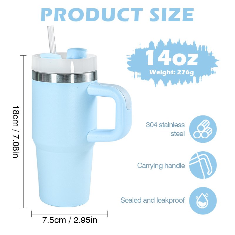 Custom logo 14 oz Stainless Steel Double Wall Vacuum Sublimation Blank Travel Coffee Mug 14oz Kids Tumbler with Handle and Straw