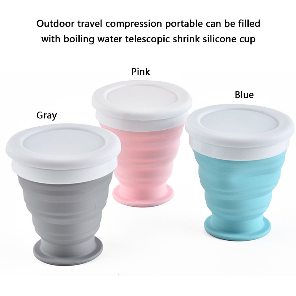 Outdoor Portable Silicone Collapsible Folding Travel Camping Cup with Lids Blue Pink Gray 3 Size 100ml 200ml 350ml Mug
