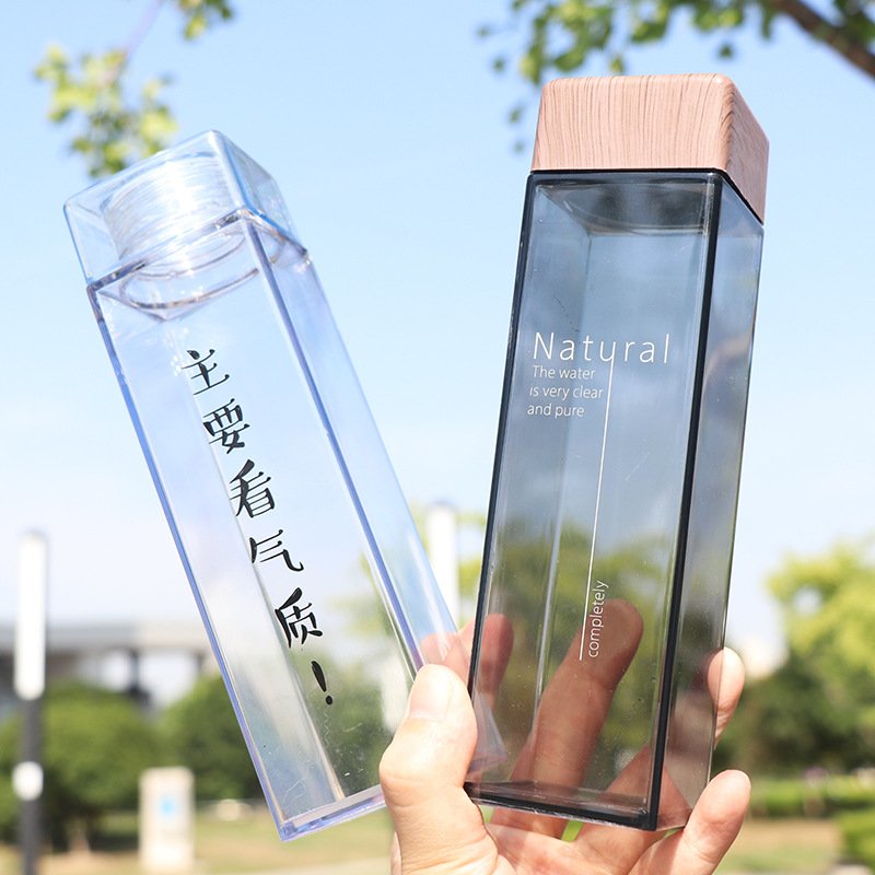 Wholesale Promotion Gift Custom Logo Plastic Square Reusable Water Bottle with Wooden Bamboo Lid