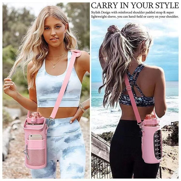 Half Gallon Water Bottle with Sleeve 64 OZ Motivational Water Bottle with Straw Time Marker