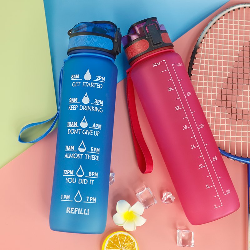 Sports Water Bottle with Time Marker - Large 1 Liter 32 Oz BPA Free Tritan Water Bottle -Leak Proof & No Sweat Gym Bottle