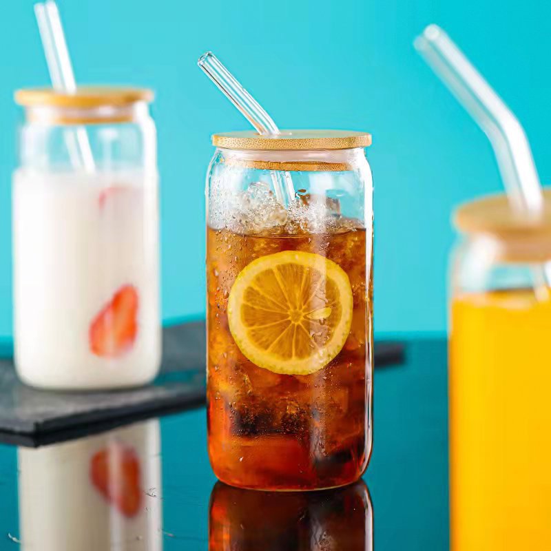 custom 13oz 17oz Transparent blank libbey sublimation beer can shaped iced coffee glass cups bottle with bamboo lid and straw