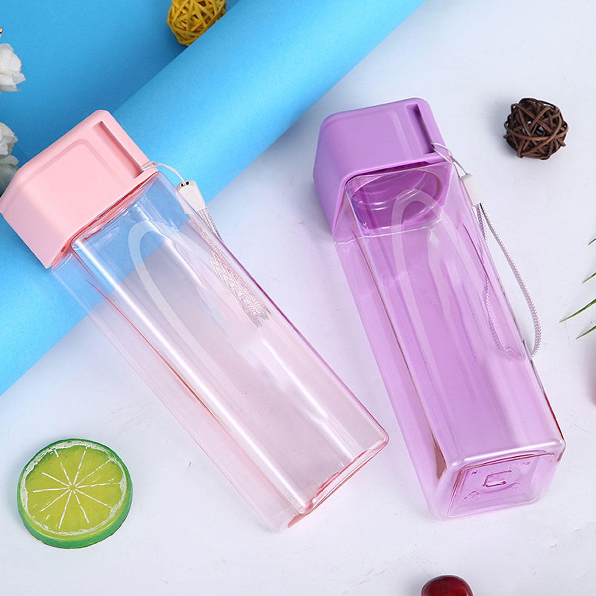 480ml customize LOGO Water Bottle Plastic Sport Square Drinking Bottles With Lanyard