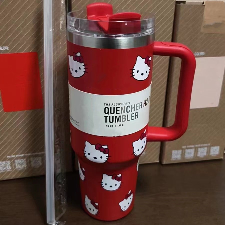 40 oz Stainless Steel Pink Cat Print Tumblers American Style Coffee Mugs with Lids for Travel