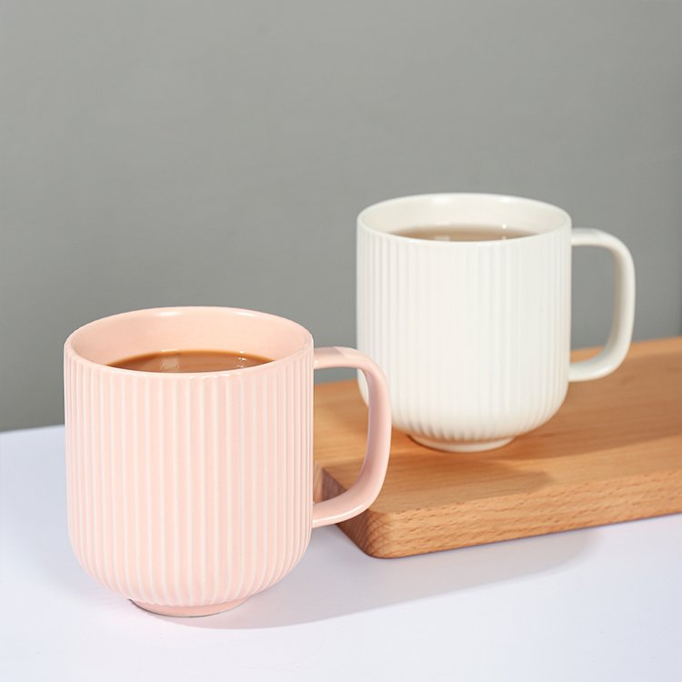 Multiple used daily home teatime drinkware striped embossed modern tea mugs customizable ceramic mug cup
