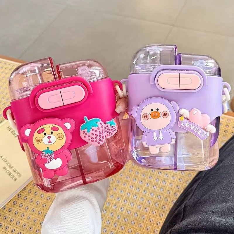Cute 600ml Cartoon Double Drink Sub-warehouse Plastic Water Bottle Kids Doll Outdoor Portable Plastic Summer Cup Students