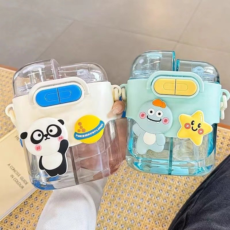 Cute 600ml Cartoon Double Drink Sub-warehouse Plastic Water Bottle Kids Doll Outdoor Portable Plastic Summer Cup Students