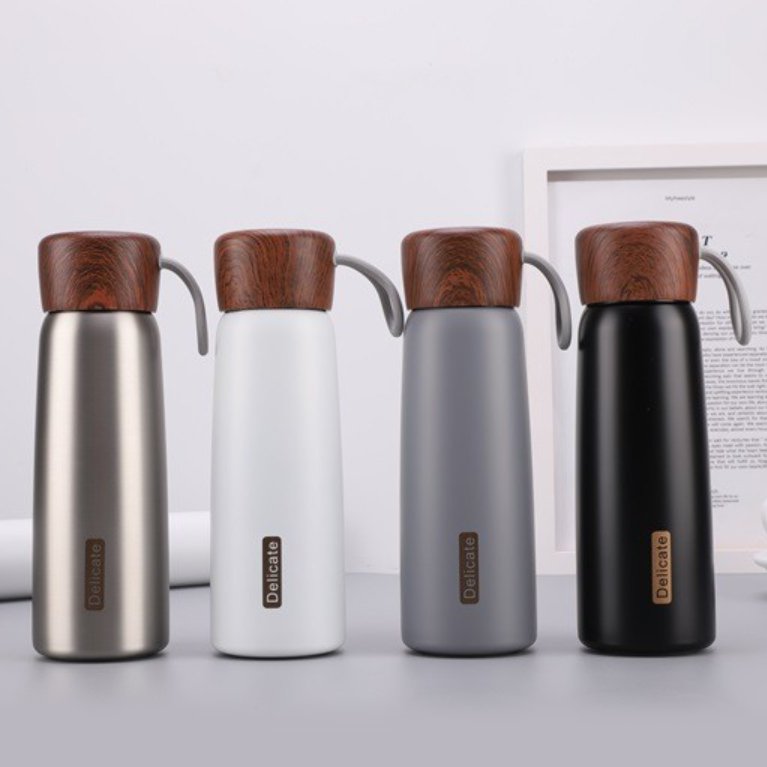 Water bottle manufacturer double wall stainless steel vacuum insulated sports water bottle with wood grain lid and lifting rope