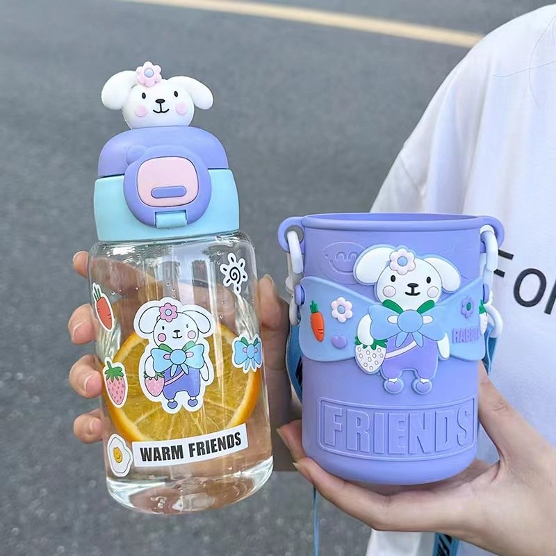 Seaygift children cute 3D cartoon doll rabbit plastic cups students kids drink mug baby water bottle with straw portable strap