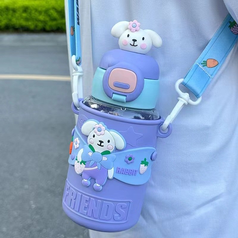Seaygift children cute 3D cartoon doll rabbit plastic cups students kids drink mug baby water bottle with straw portable strap