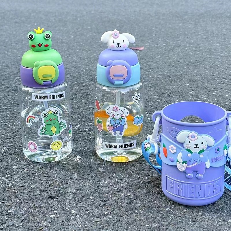 Seaygift children cute 3D cartoon doll rabbit plastic cups students kids drink mug baby water bottle with straw portable strap