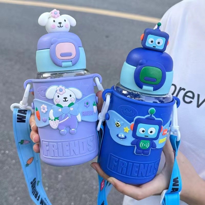 Seaygift children cute 3D cartoon doll rabbit plastic cups students kids drink mug baby water bottle with straw portable strap