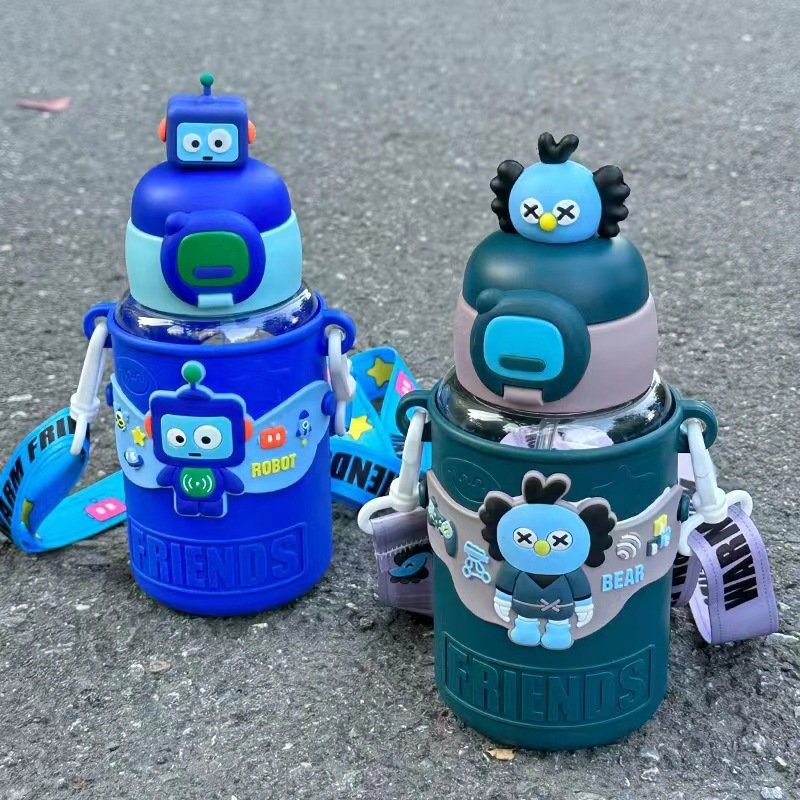 Seaygift children cute 3D cartoon doll rabbit plastic cups students kids drink mug baby water bottle with straw portable strap