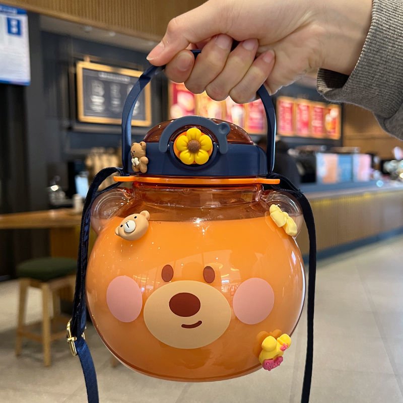 Phone Holder 500-900ml Plastic Water Bottle Cartoon Camping Gym CLASSIC Adults Plastic Thermos Handle Straw Thermal Insulation