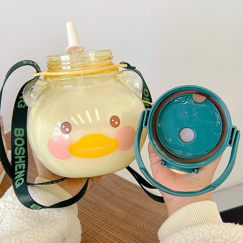 Phone Holder 500-900ml Plastic Water Bottle Cartoon Camping Gym CLASSIC Adults Plastic Thermos Handle Straw Thermal Insulation