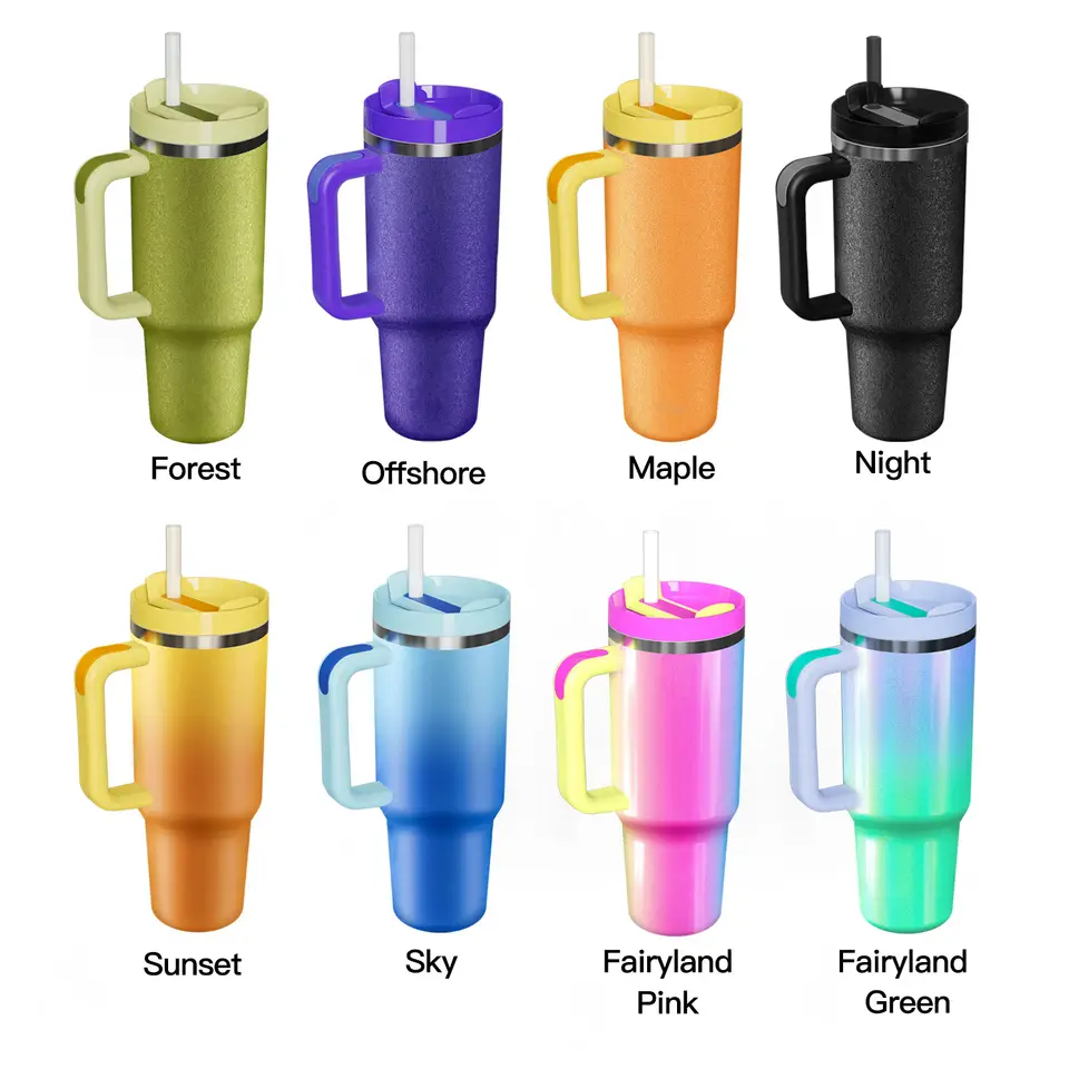 40oz Custom Rainbow Paint logo Vacuum Insulated Stainless Steel Thermos Cup Handle and Straw Adventure travel bottle