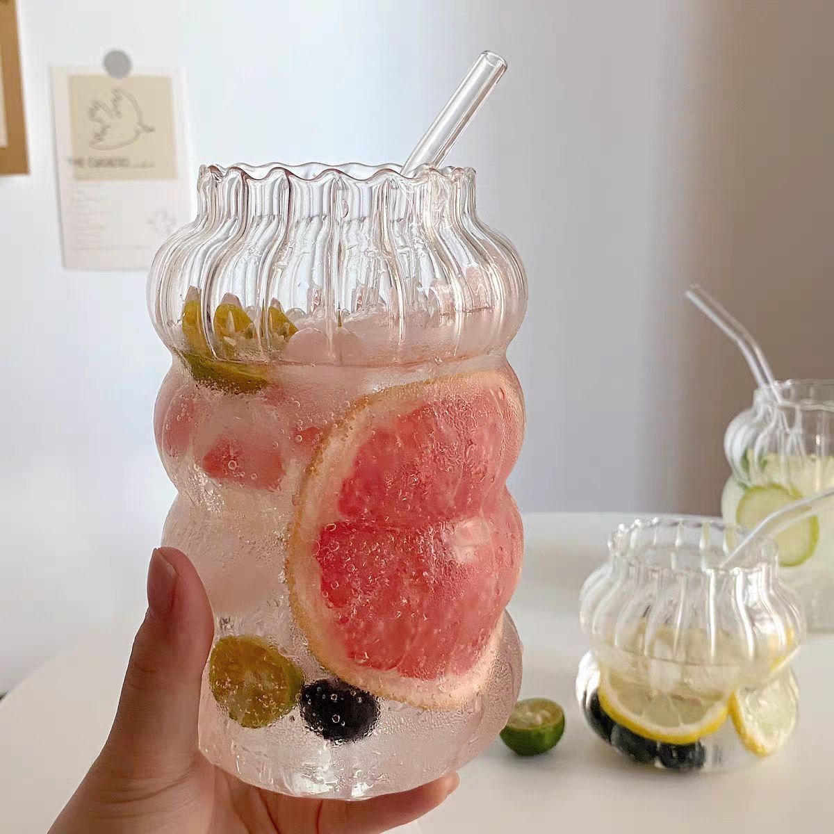 Heat Resistant High Borosilicate Glass Cup Coffee Mug Beer Glass Cup Cute Striped Oat Milk Breakfast Cup Clear Creative