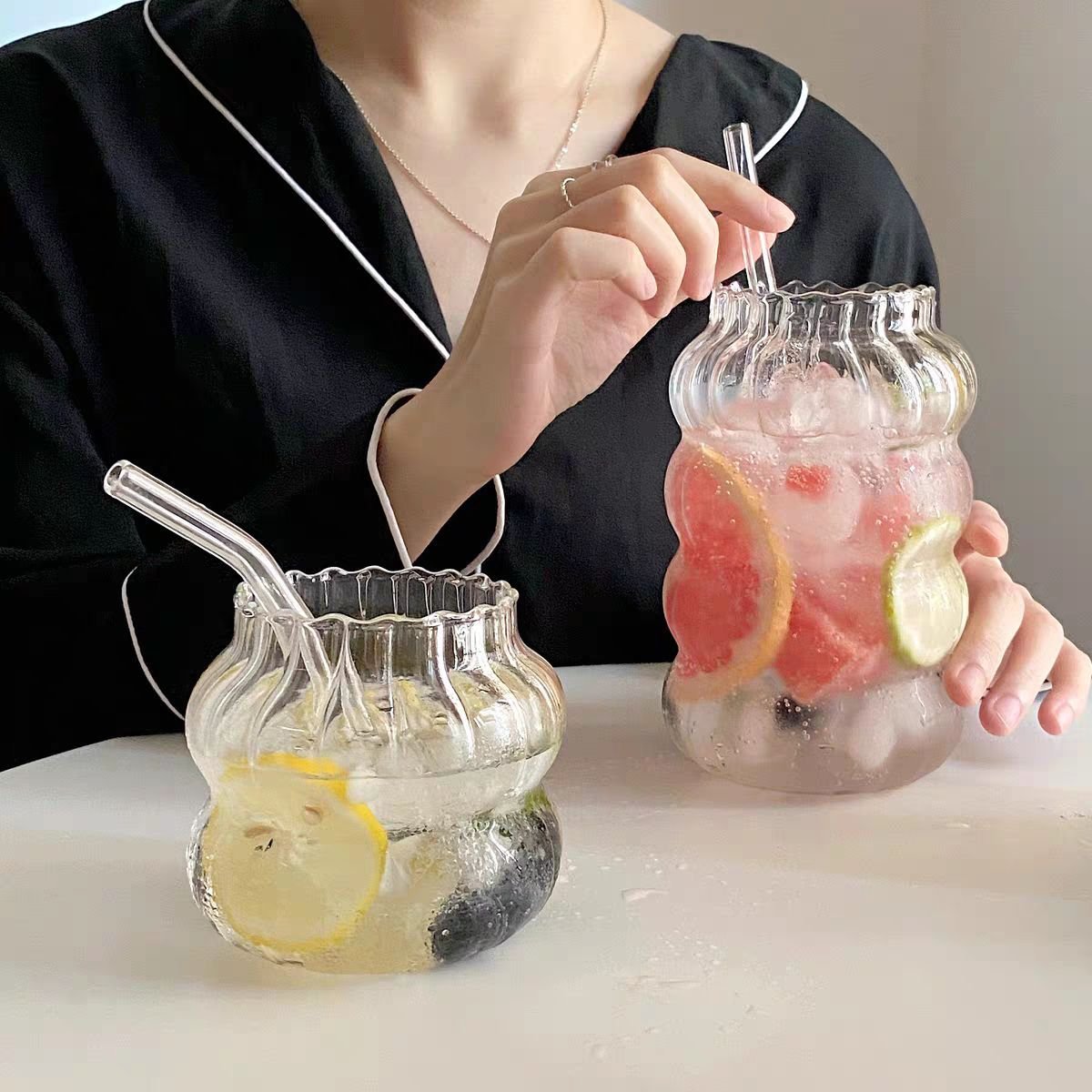 Heat Resistant High Borosilicate Glass Cup Coffee Mug Beer Glass Cup Cute Striped Oat Milk Breakfast Cup Clear Creative