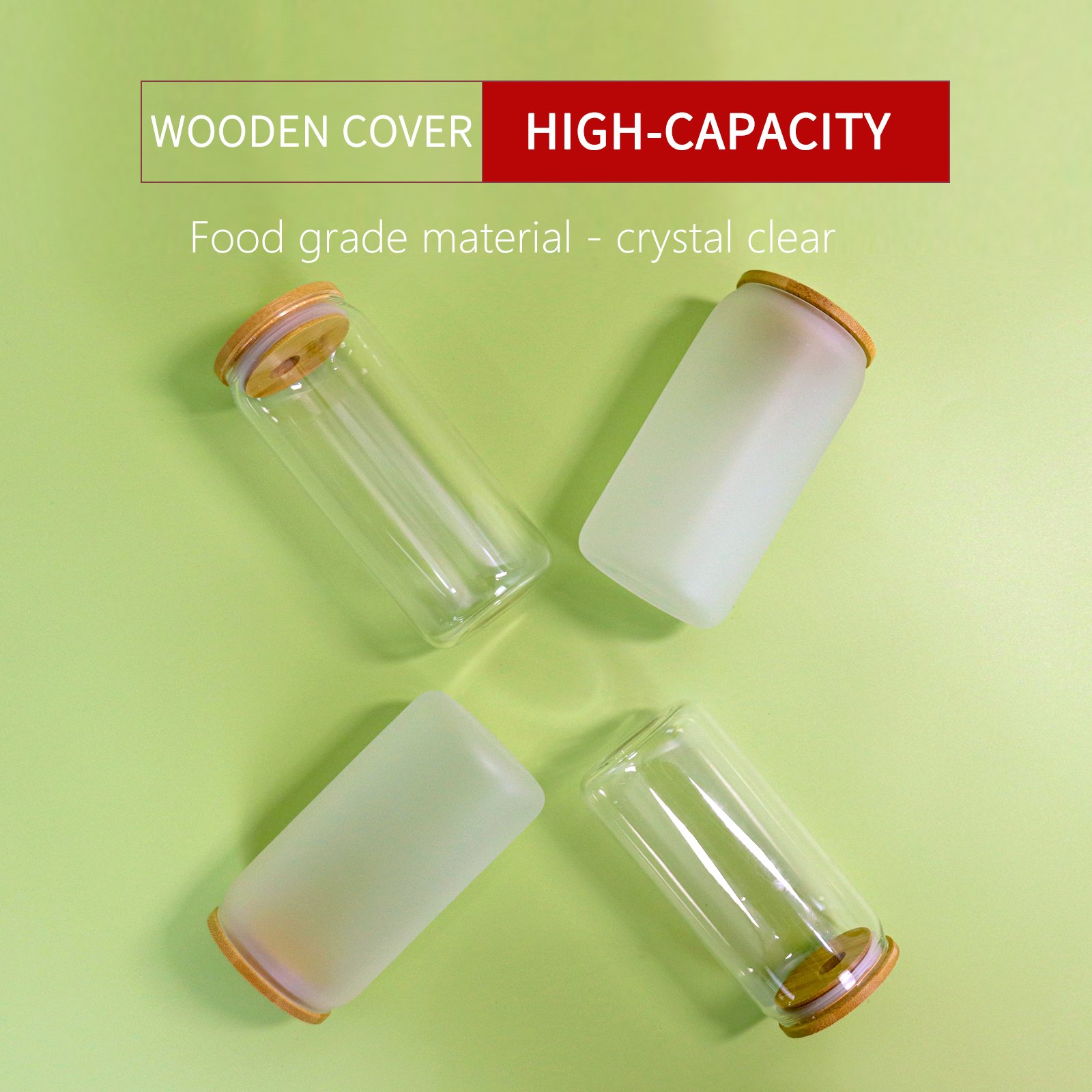 Drinking Glass 16oz Beer Can Shaped Soda Glass Cups Tumbler mug with Bamboo Lids and Glass Straw