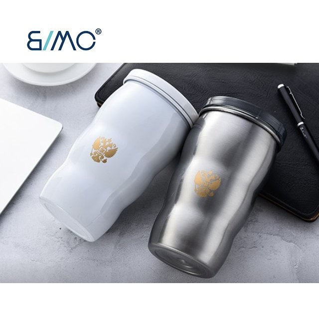 Creative Double walled Vacuum Insulated Travel Mug With White Ceramic Coating Stainless Steel Coffee Mug Custom Logo