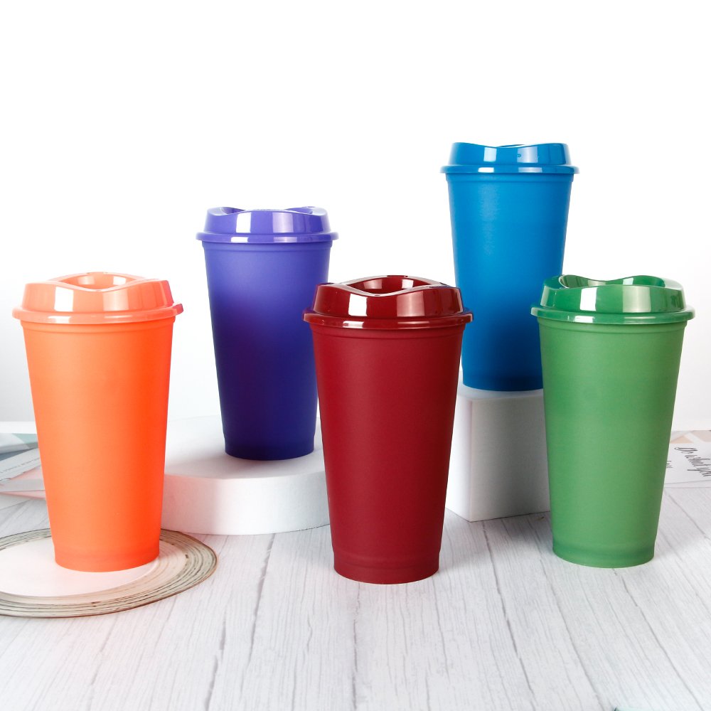 Stock 5pcs/set gift set 16oz reusable heat color changing plastic sippy cup for party with lid and straw
