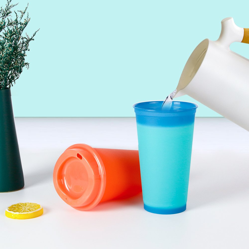 Stock 5pcs/set gift set 16oz reusable heat color changing plastic sippy cup for party with lid and straw