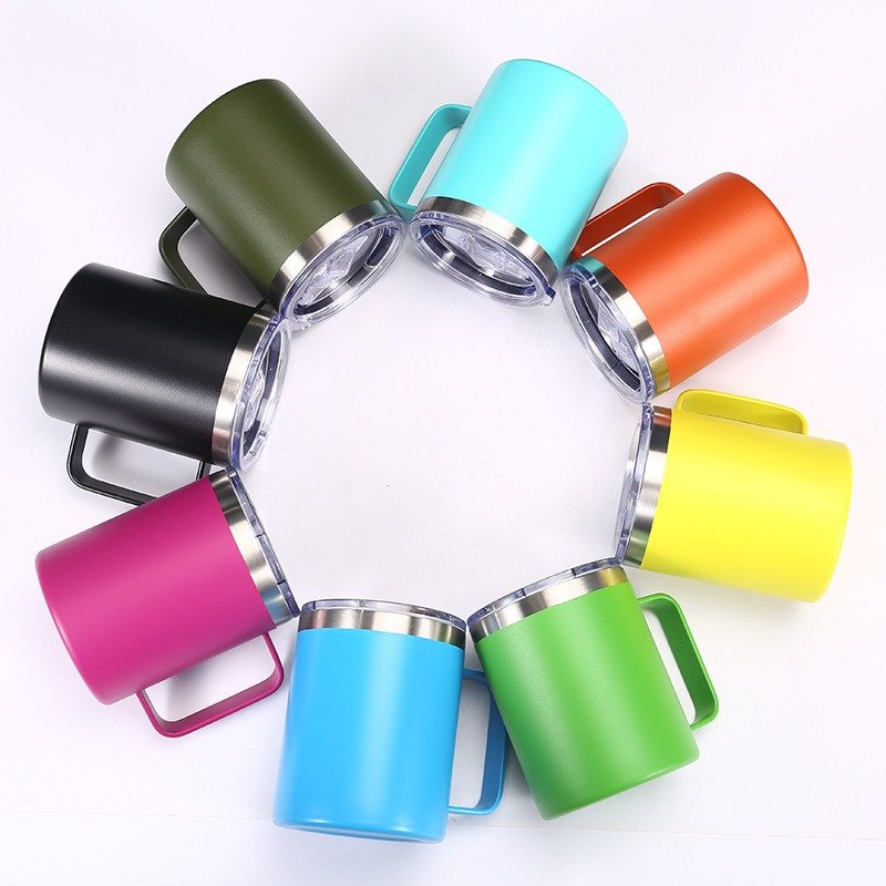 Popular 12oz Sublimed Stainless Steel Office Water Cup Simple Wide Mouth Thermos Mug With Handle
