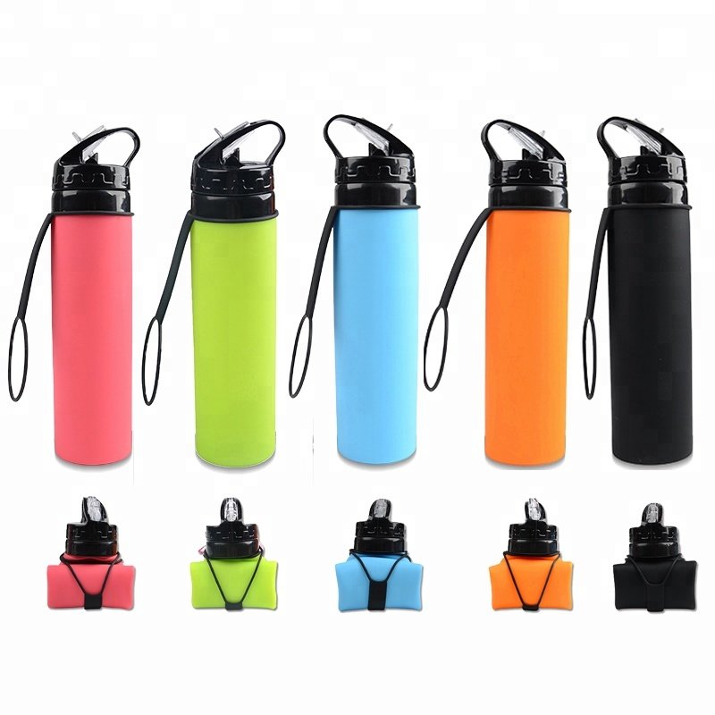 600ml custom logo travel camping silicone collapsible foldable sports water bottle for kids school