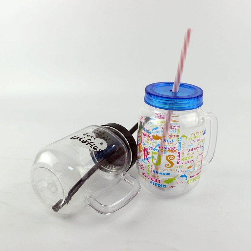 450ml 16oz custom logo print clear plastic bubble tea mug with lid and straw mason jar