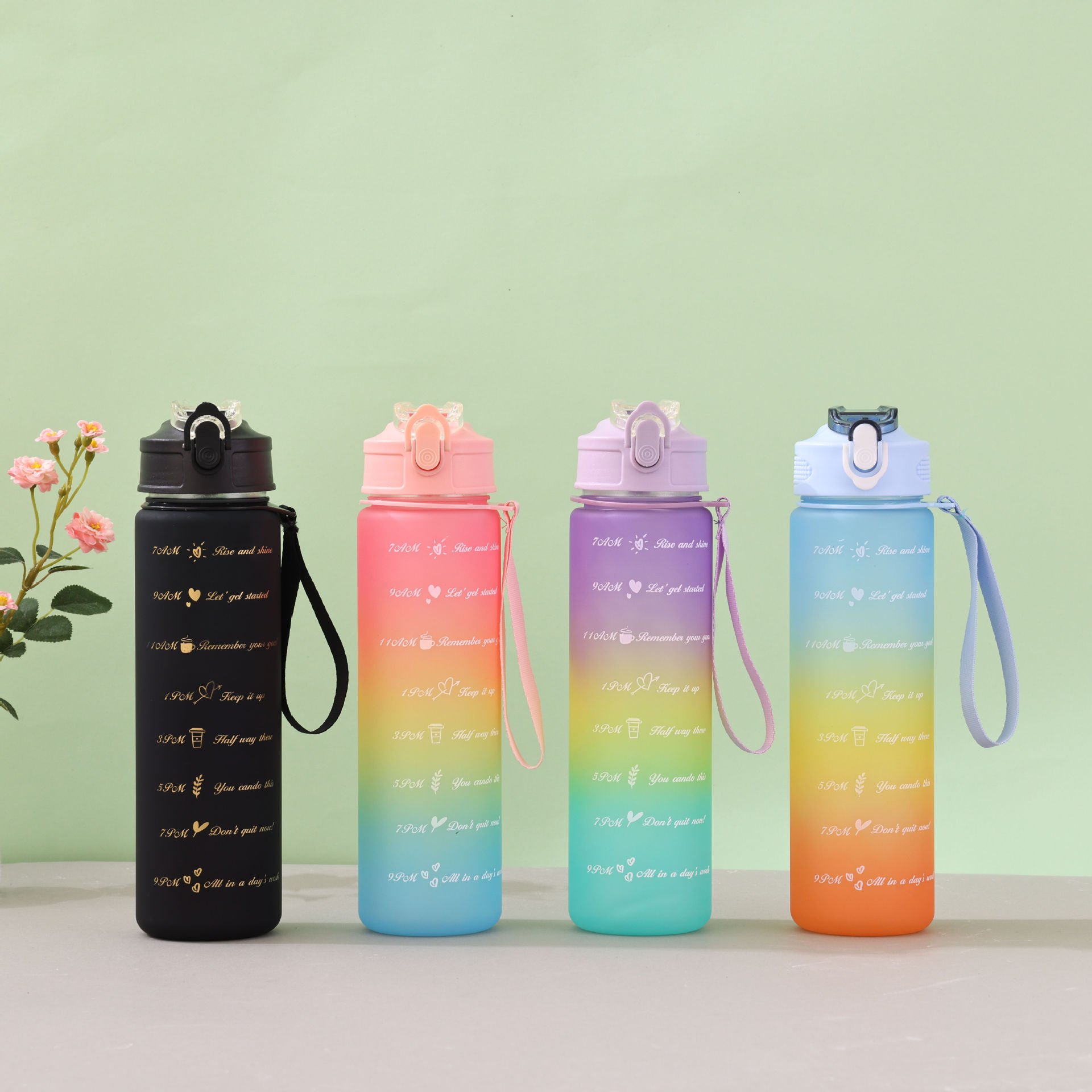 Gradient outdoor sports food grade pc material water bottles 1000ml 2L plastic water bottle space cup with pop-up bottom lid