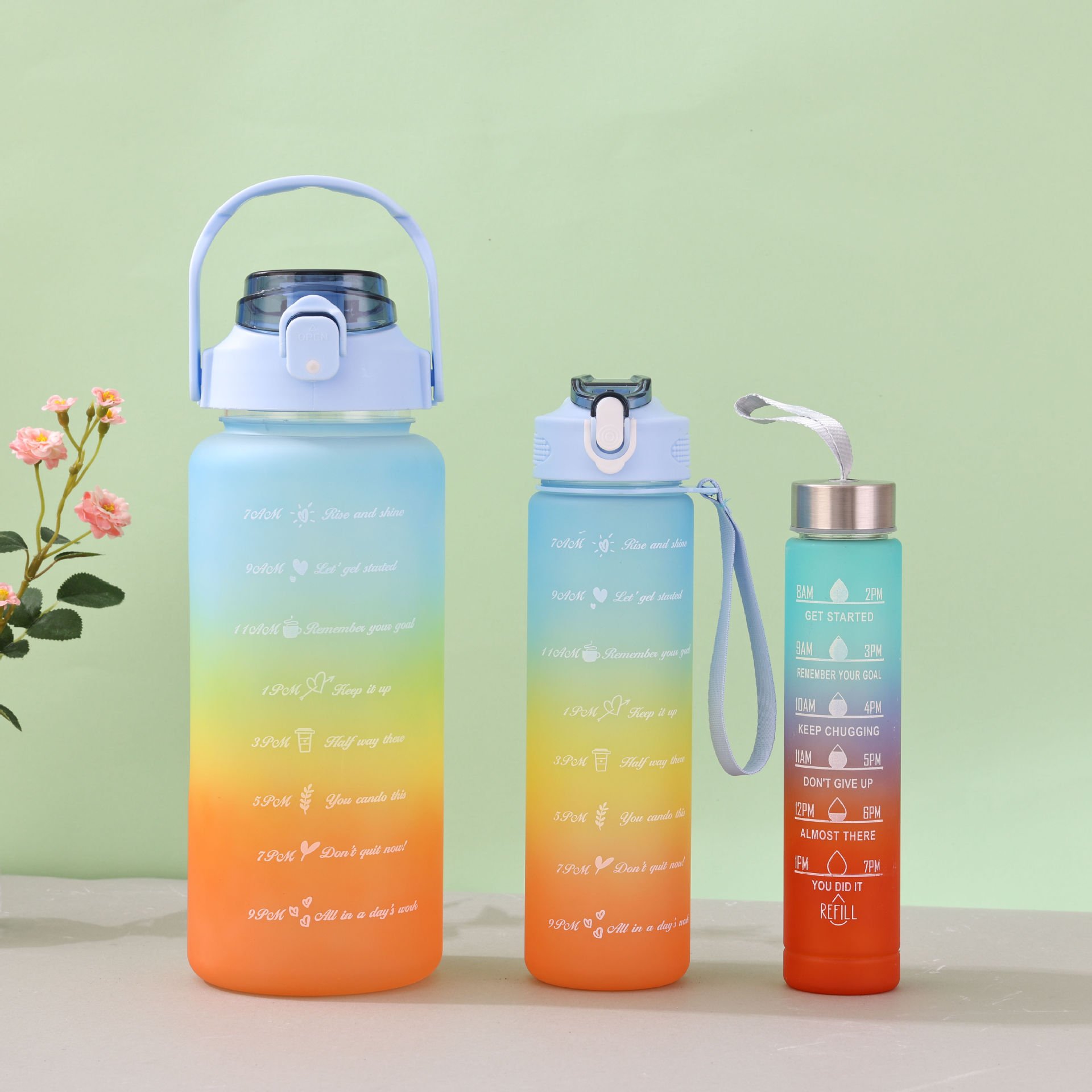 Gradient outdoor sports food grade pc material water bottles 1000ml 2L plastic water bottle space cup with pop-up bottom lid
