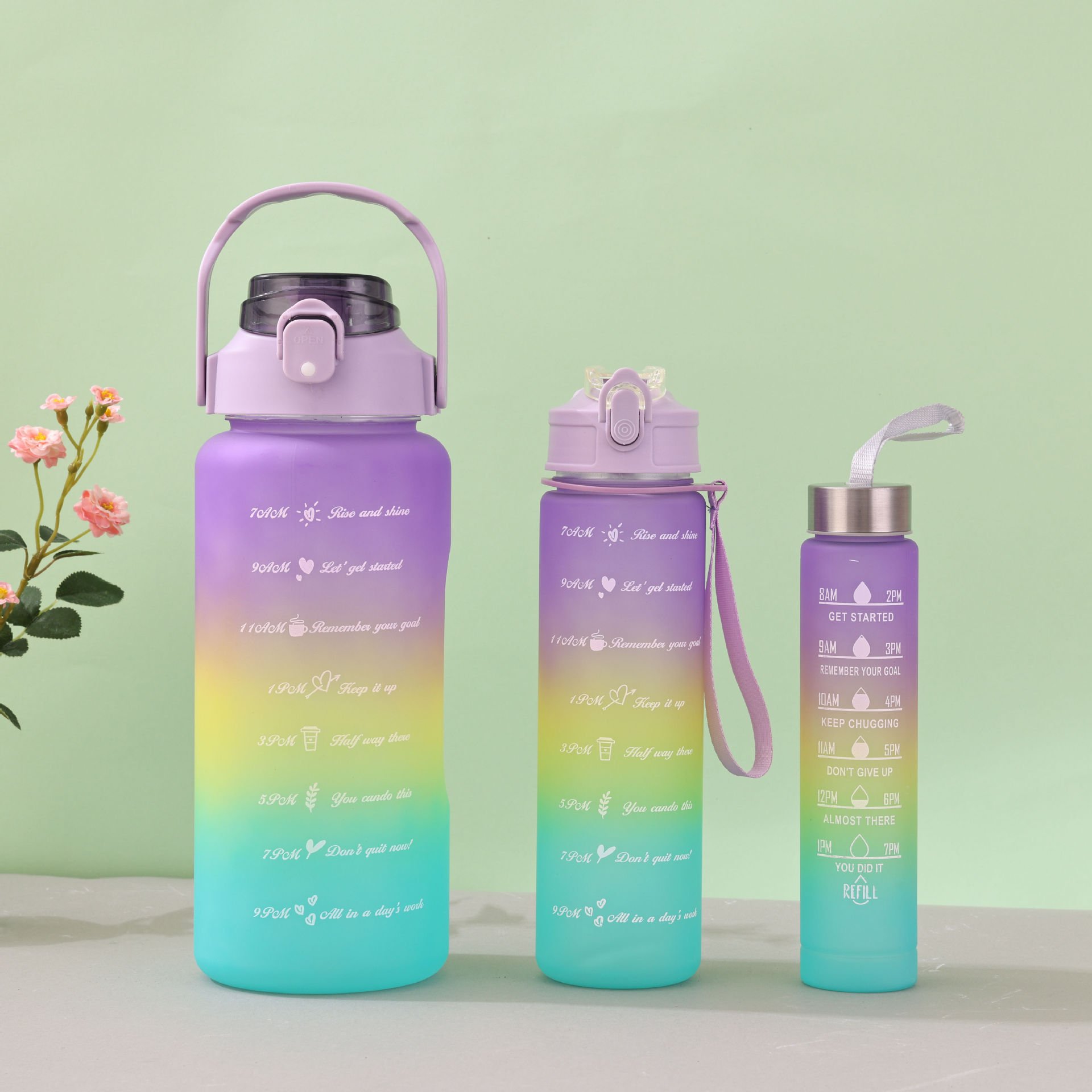 Gradient outdoor sports food grade pc material water bottles 1000ml 2L plastic water bottle space cup with pop-up bottom lid