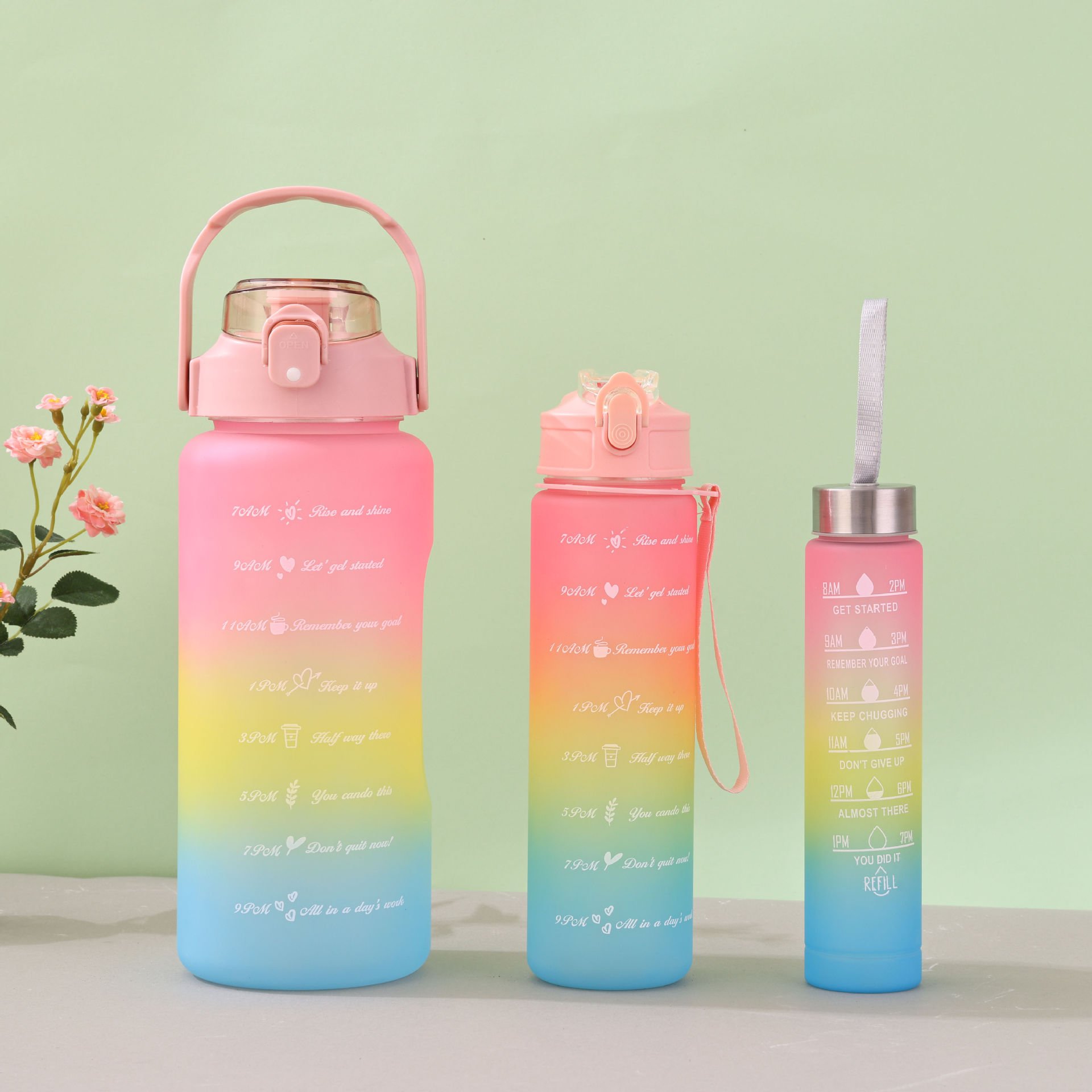 Gradient outdoor sports food grade pc material water bottles 1000ml 2L plastic water bottle space cup with pop-up bottom lid