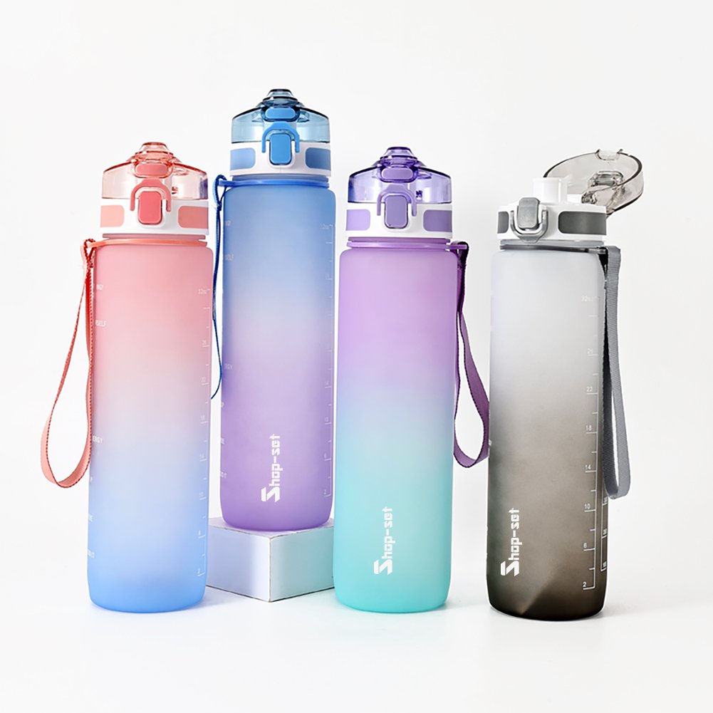 1L 32oz Portable Leakproof Motivation Sport Plastic Water Bottle with Straw Lid Handle