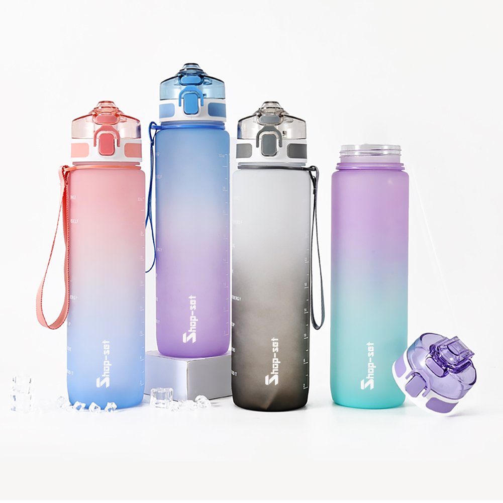 1L 32oz Portable Leakproof Motivation Sport Plastic Water Bottle with Straw Lid Handle