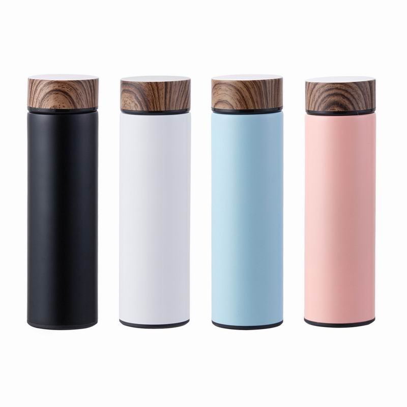 Wholesale 17oz Stainless Steel Insulated Vacuum Flask Tea Infuser Water Bottle with Wooden Grain Color Lid Logo Print Customize