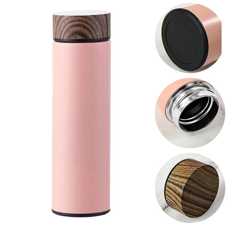 Wholesale 17oz Stainless Steel Insulated Vacuum Flask Tea Infuser Water Bottle with Wooden Grain Color Lid Logo Print Customize