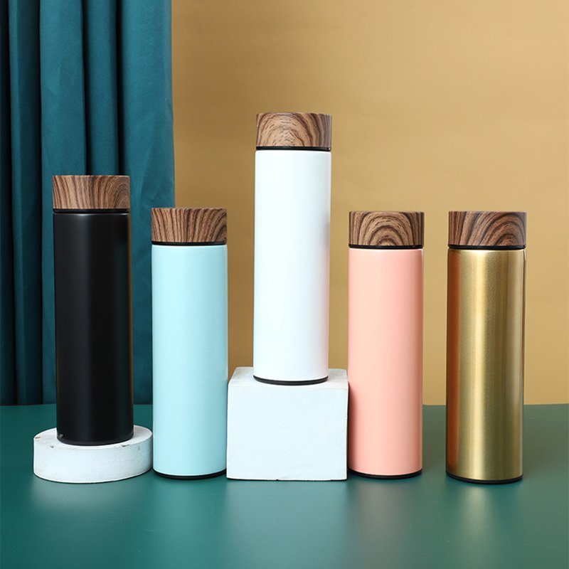 Wholesale 17oz Stainless Steel Insulated Vacuum Flask Tea Infuser Water Bottle with Wooden Grain Color Lid Logo Print Customize