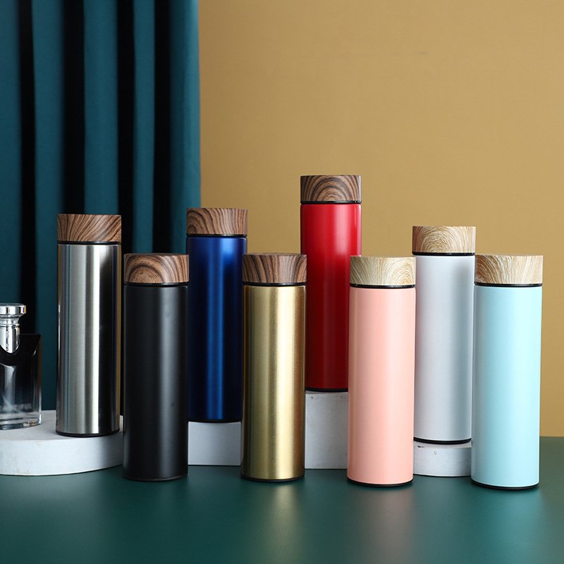 Wholesale 17oz Stainless Steel Insulated Vacuum Flask Tea Infuser Water Bottle with Wooden Grain Color Lid Logo Print Customize