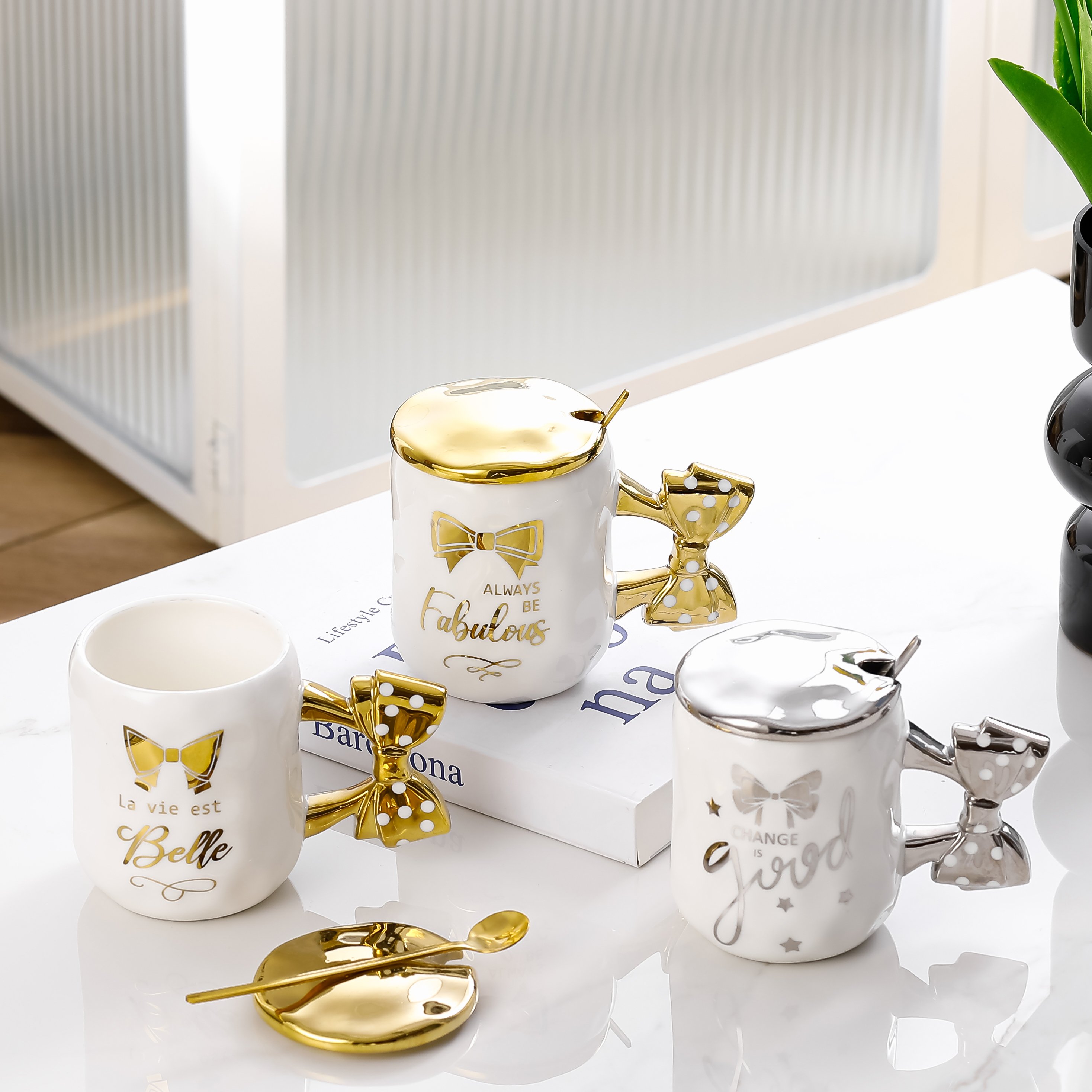 Nordic Modern Design Delicate Handle Ceramic Coffee Cup With Lid And Spoon Customizable Household Milk Mug Cup