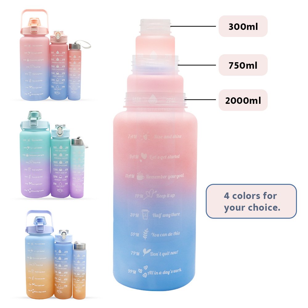 Colorful 3 En 1 Pieces Plastic Set 3 Pc Water Bottle Gourdes Enfant Qarrafa 3 Em 1 Motivacional 3 In 1 Gym Water Bottle Set
