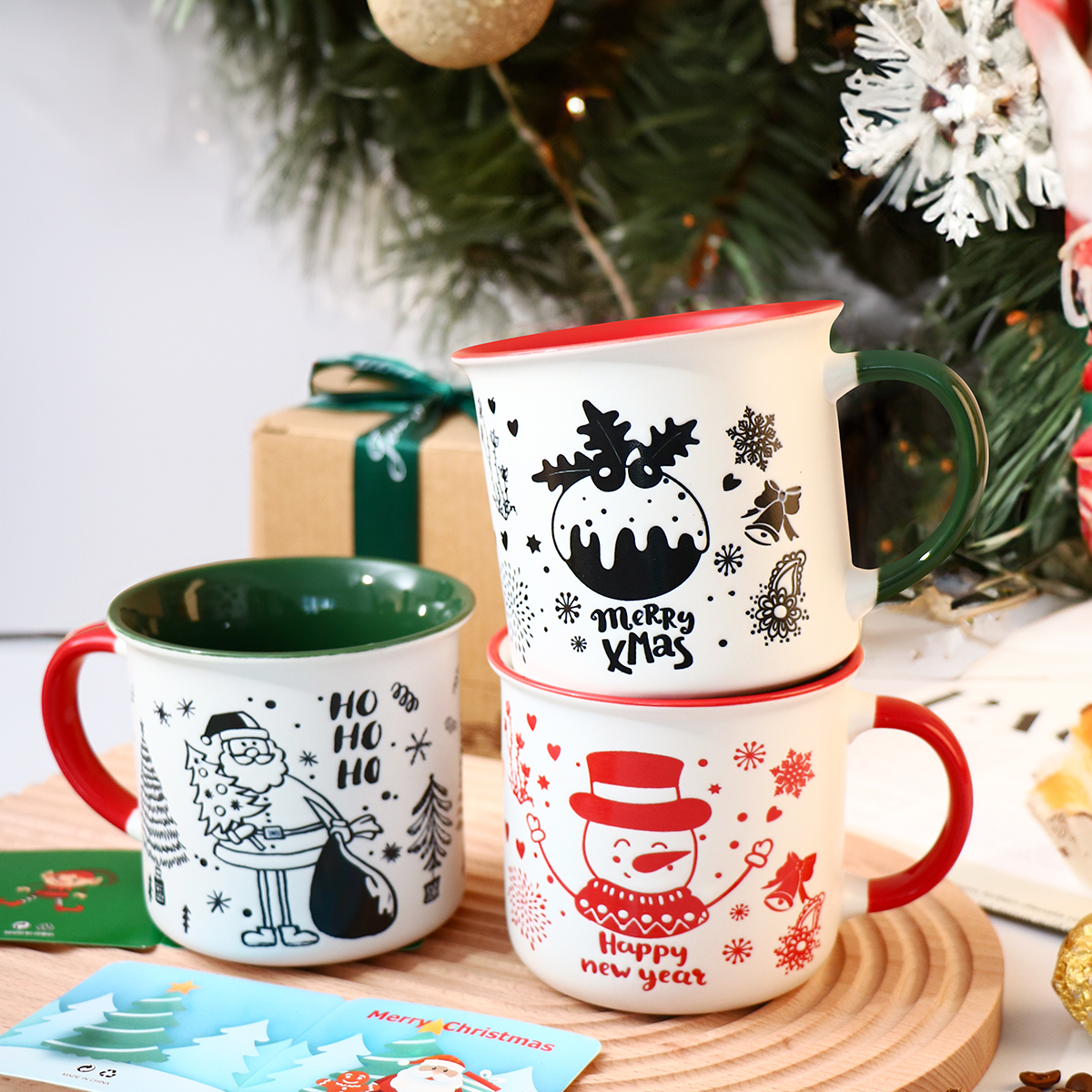 Merry Christmas 12 oz Festive Christmas Themed Design Holiday Mugs for Coffee Hot Chocolate Gifts for Family Friends