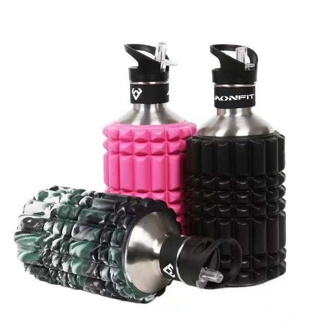 Hot sale fitness gym sport stainless steel foam roller water bottle with eva sleeve new product ideas 2024
