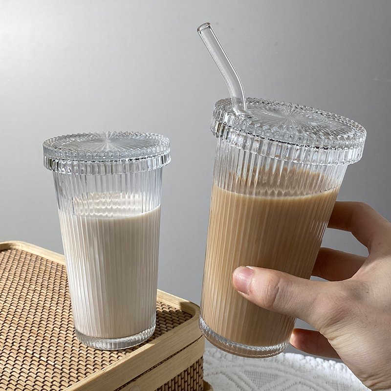 Wholesale Custom Ribbed Glass Tea Cups Coffee Cup Tumblers Custom Travel Coffee Mug With Glass Lid And Straw