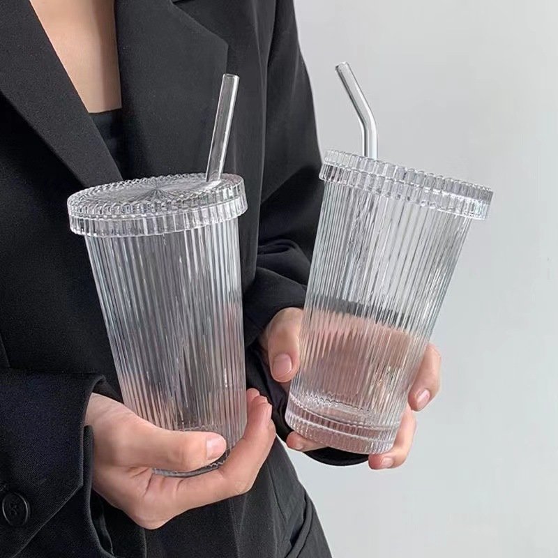 Wholesale Custom Ribbed Glass Tea Cups Coffee Cup Tumblers Custom Travel Coffee Mug With Glass Lid And Straw