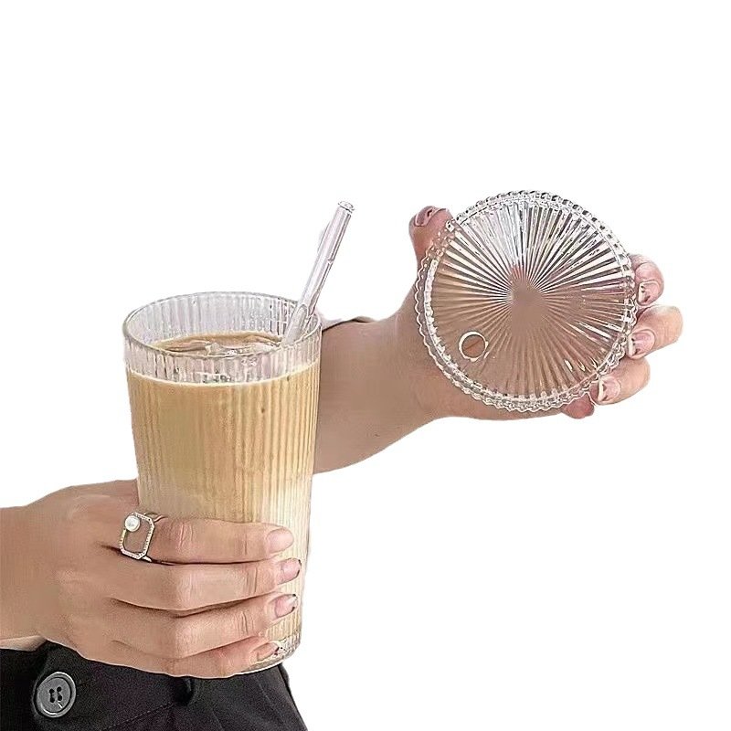 Wholesale Custom Ribbed Glass Tea Cups Coffee Cup Tumblers Custom Travel Coffee Mug With Glass Lid And Straw