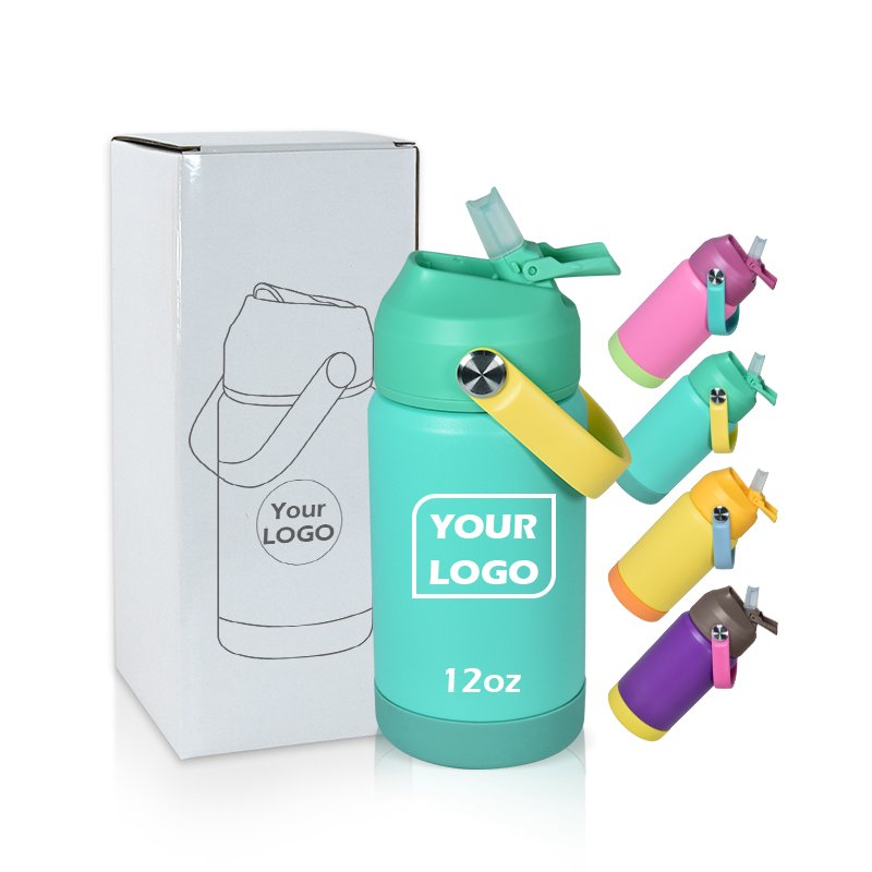 Ready to ship new style laser engrave flip top tumbler 12oz kid water bottles with bumper and handle mixed colors for school